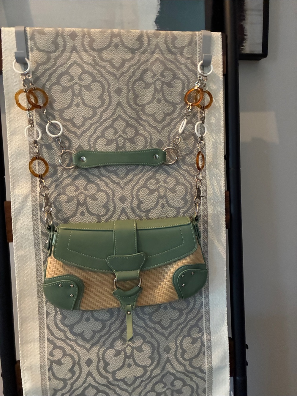 Urban Outfitters NEW Green Straw-and-Leather Shoulder Bag with Chain Detail